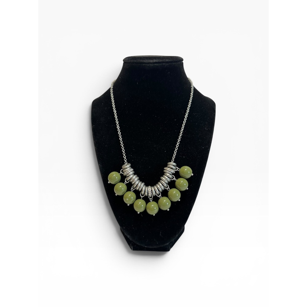 Lia Sophia Necklace Womens Olive Green‎ Silver Tone Bib Statement Beaded